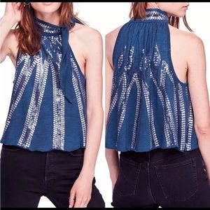Free People Navy and Silver Sequin Halter Blouse